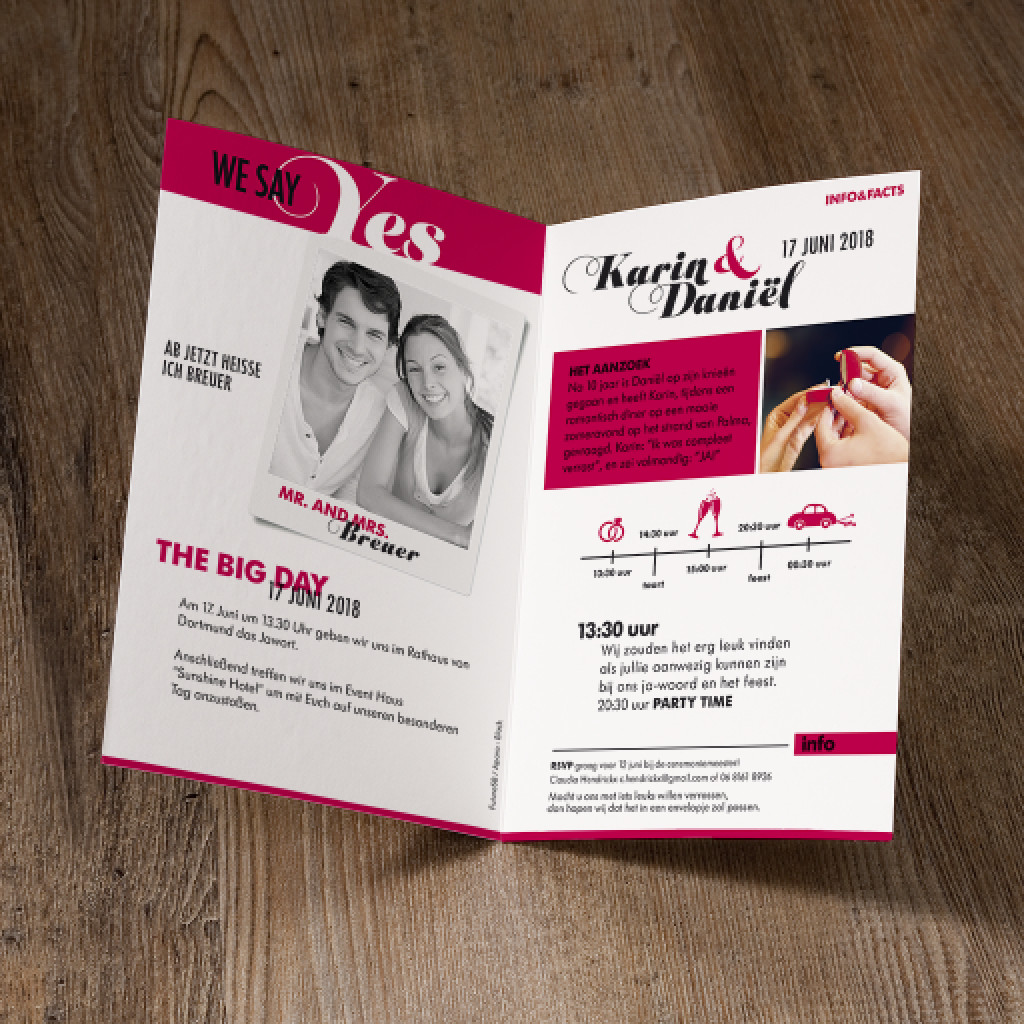 Einladungskarte „Magazin", Informationen zur Hochzeit, Foto Hochzeitseinladung, Haupteinladungstext, Programmablauf, Hochzeitspapeterie mit Foto