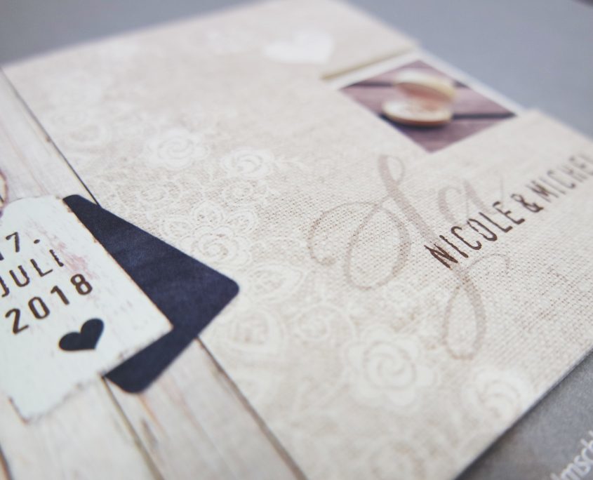 quadratische Hochzeitskarte, hochwertiger Strukturkarton, Hochzeitspapeterie rustikal