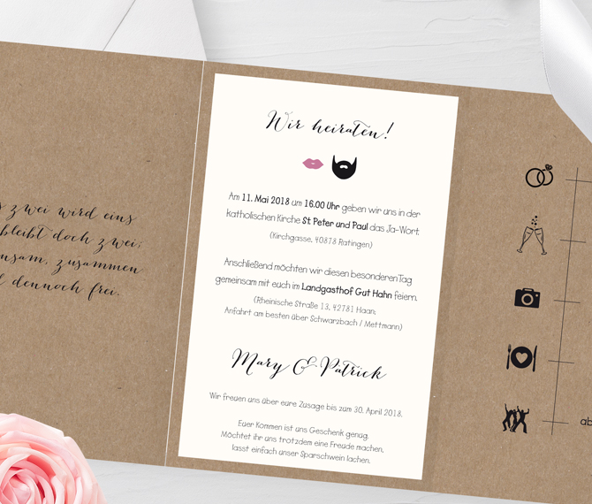 Durch ihre Wickelfalz-Technik bietet die Karte insgesamt 6 Seiten. Retroeinladung, Innenseiten, Einladungstext, Typografie, Hochzeitspapeterie Kalligraphie